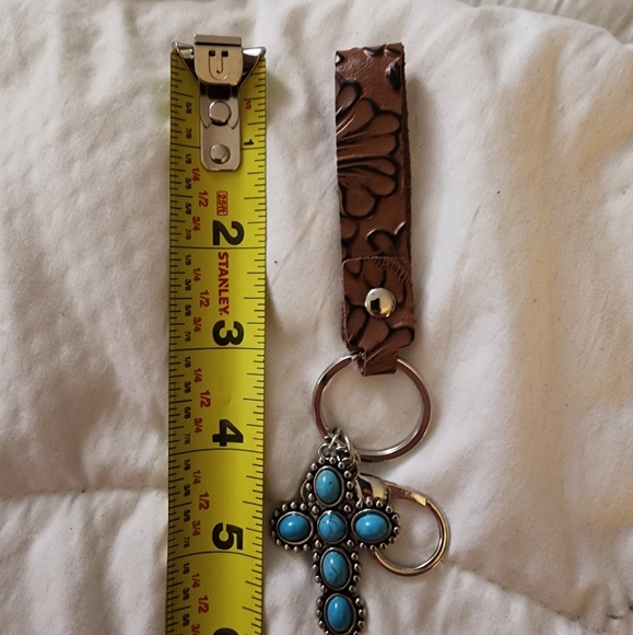 Leather and Turquoise Cross Keyring - Picture 4 of 5